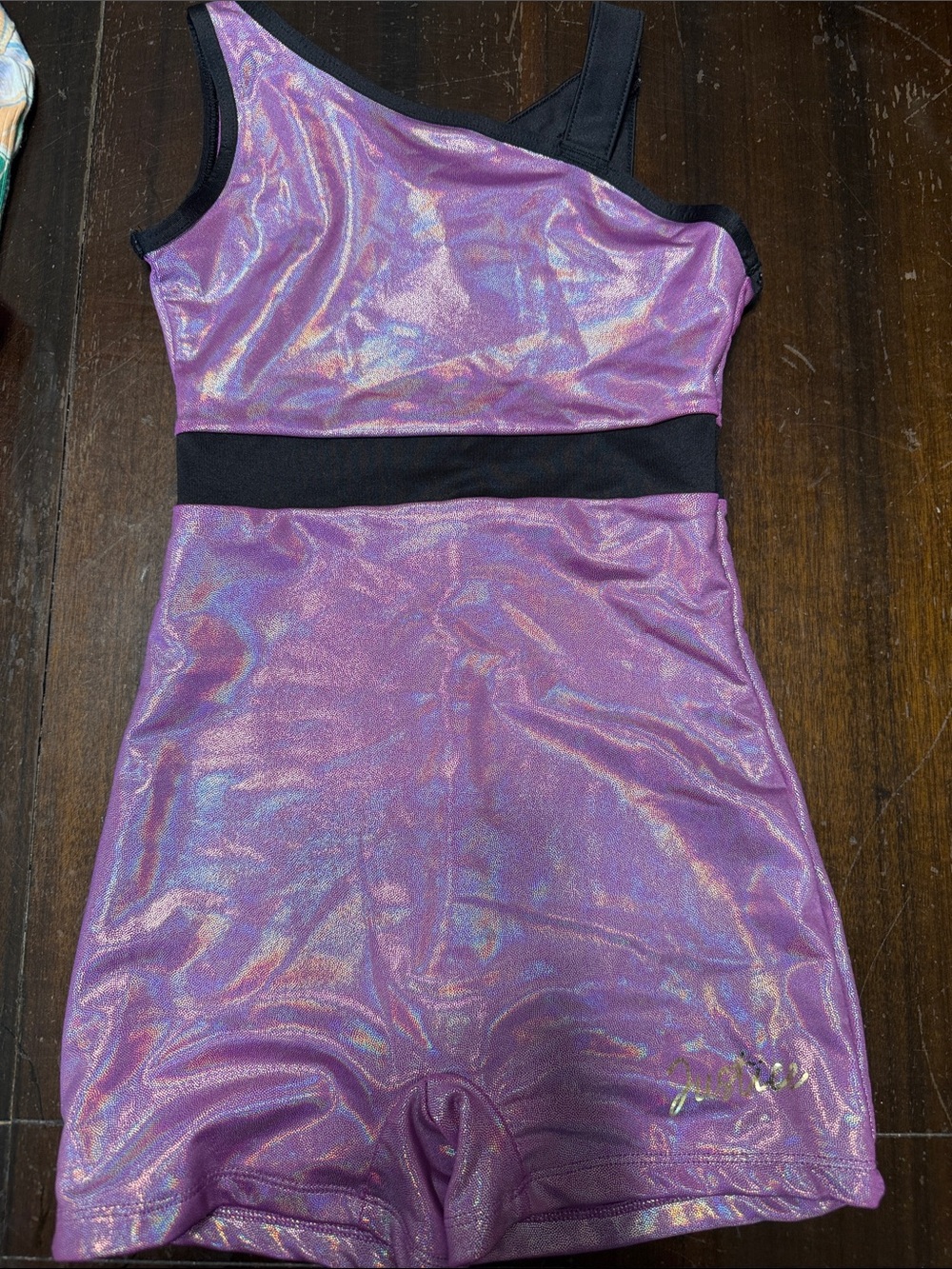 Justice Purple and Black Gymnastics Leotard with One-Shoulder Strap